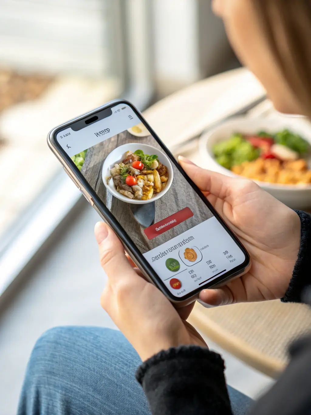 An image illustrating a person tracking their food intake using a mobile app, showcasing the convenience and progress tracking features of FitwellStore's nutrition plans.