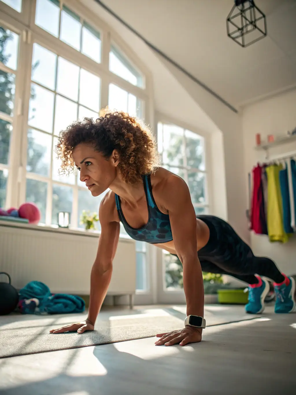 A person doing a high-intensity interval training (HIIT) workout at home, following instructions on a laptop screen, showcasing the energy and effectiveness of the program.