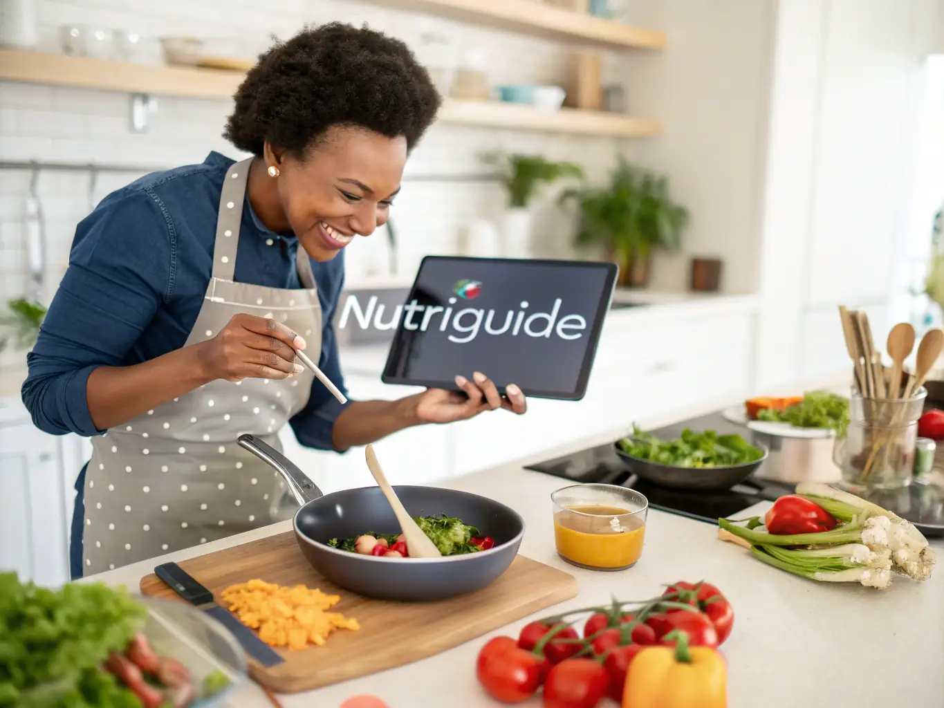 A person happily using a fitness app on their smartphone while preparing a healthy meal in their kitchen, illustrating the integration of technology and nutrition.