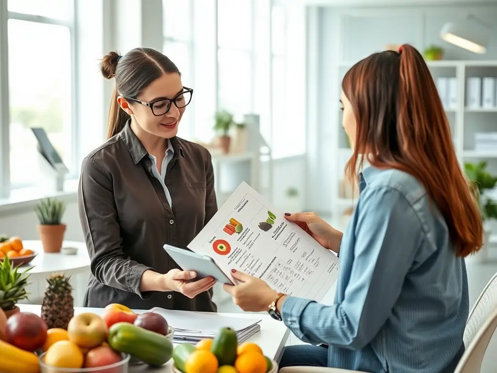 A nutritionist reviewing a client's food journal and providing feedback on healthy eating habits and meal planning strategies.