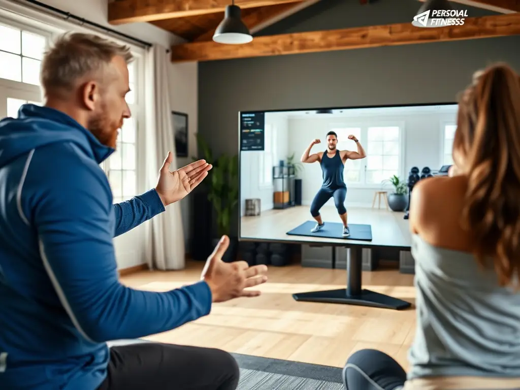 A dedicated fitness coach providing personalized guidance to a client during a virtual training session, showcasing real-time feedback and form correction.