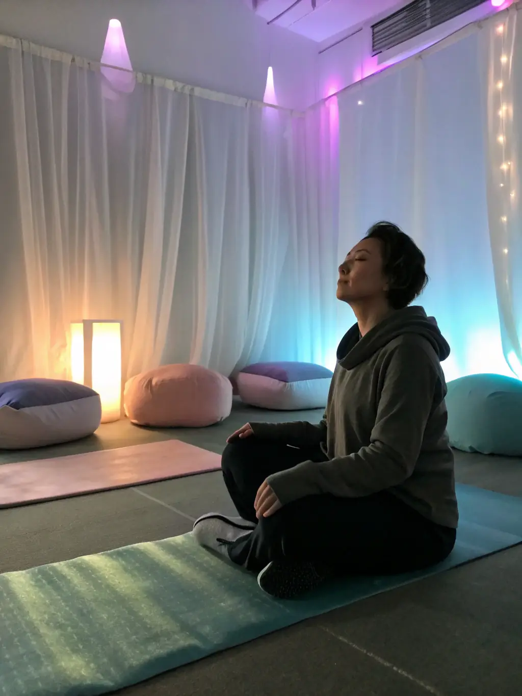 A person practicing yoga in a serene home environment, emphasizing flexibility and mindfulness, illustrating the holistic approach of the program.
